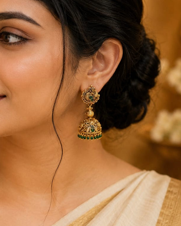 Antique Gold Peacock Jhumka Earrings with Emerald Stones | OL215