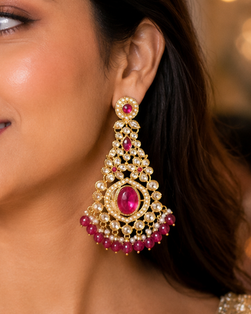 Gold Hot Pink Oval Polki Chandbali Earrings | OLT98