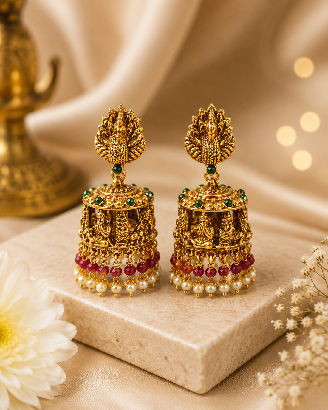 Antique Gold Peacock Lakshmi Cage Jhumka Earrings with Ruby & Pearl | OL219