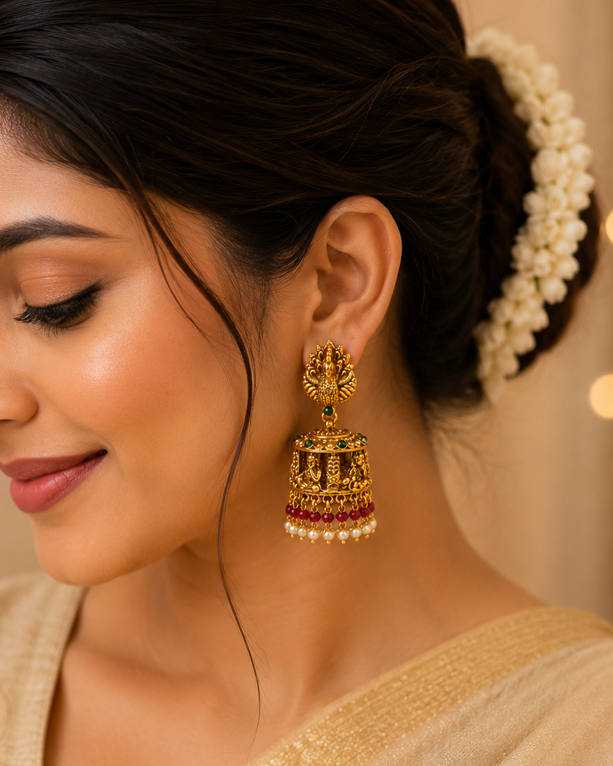 Antique Gold Peacock Lakshmi Cage Jhumka Earrings with Ruby & Pearl | OL219