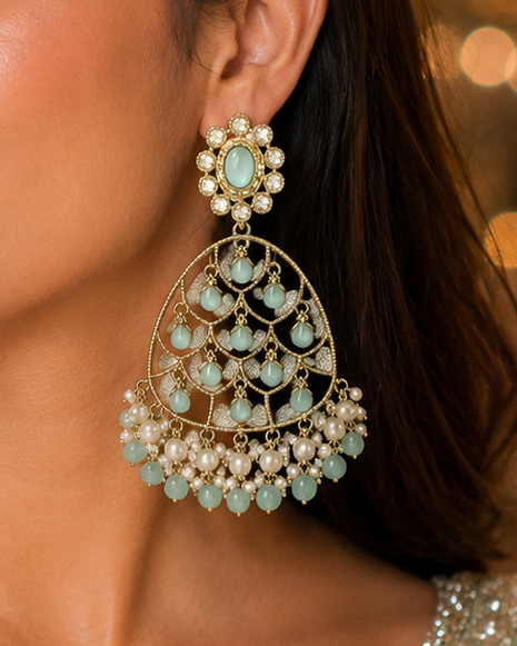 Gold Mint Blue Chalcedony Filigree Chandbali Earrings | OLT97