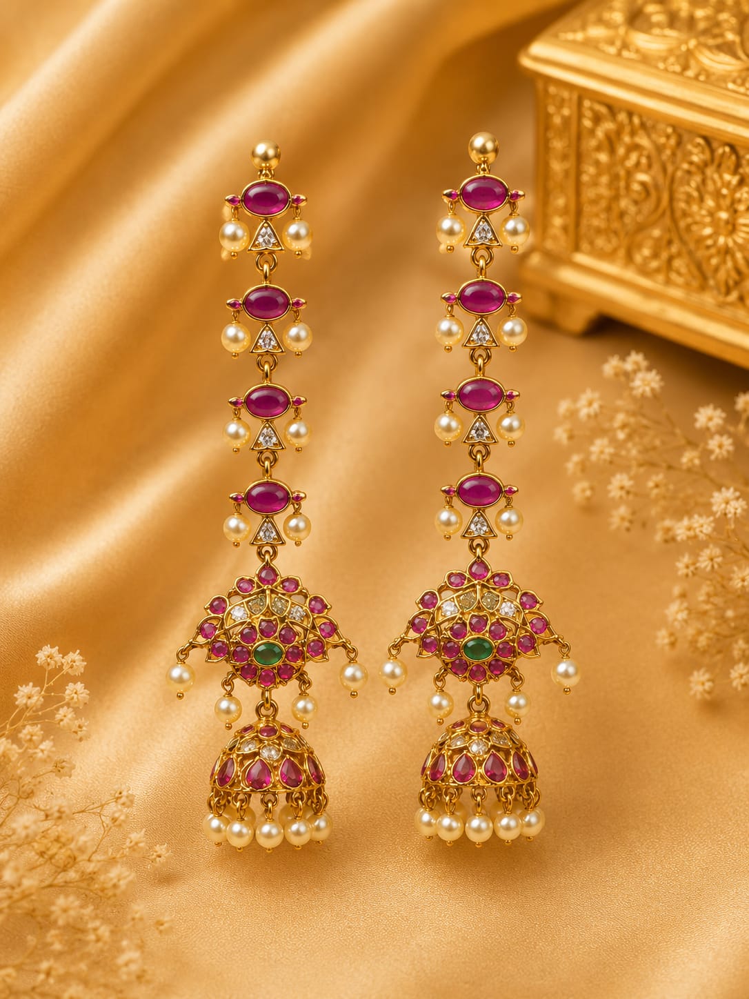 Antique Gold Long Ruby CZ Jhumka Drop Earrings with Pearls | OL210