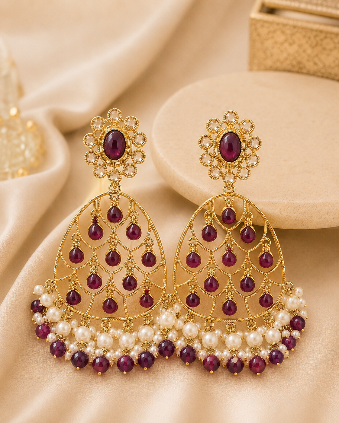Gold Mint Blue Chalcedony Filigree Chandbali Earrings | OLT97