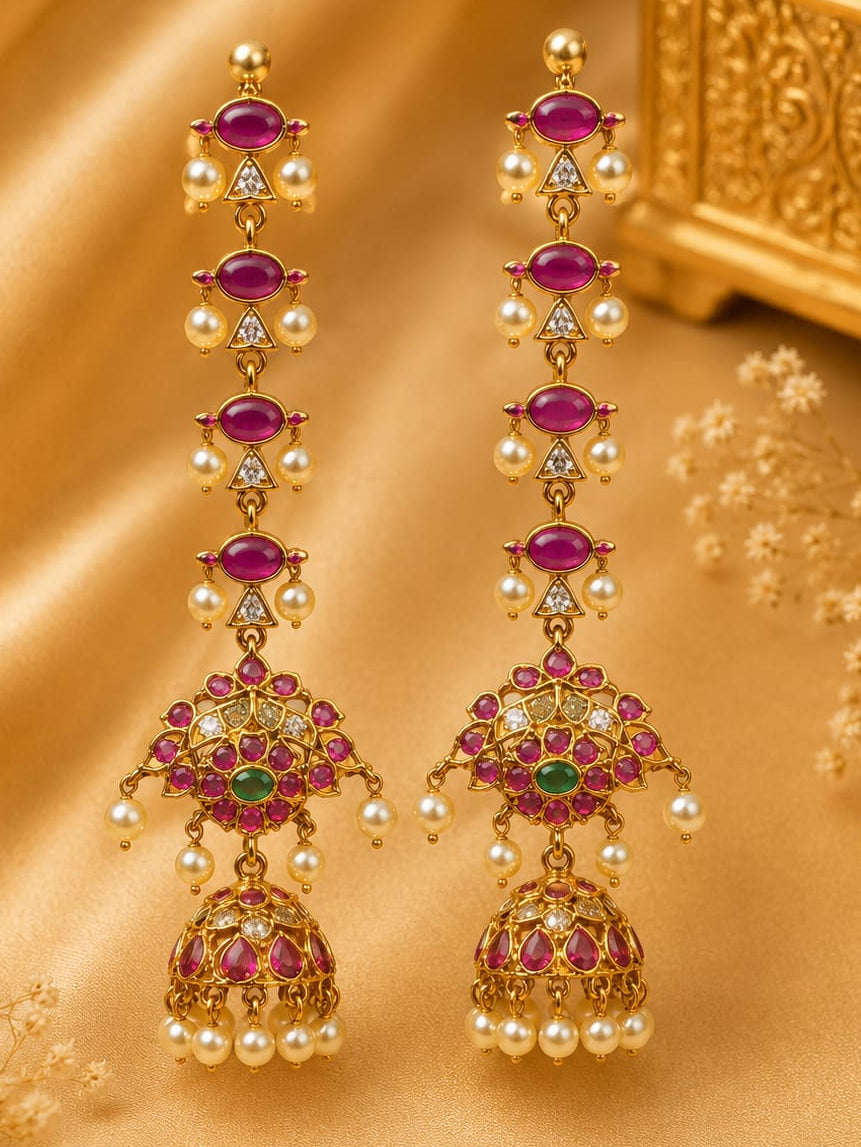 Antique Gold Long Ruby CZ Jhumka Drop Earrings with Pearls | OL210