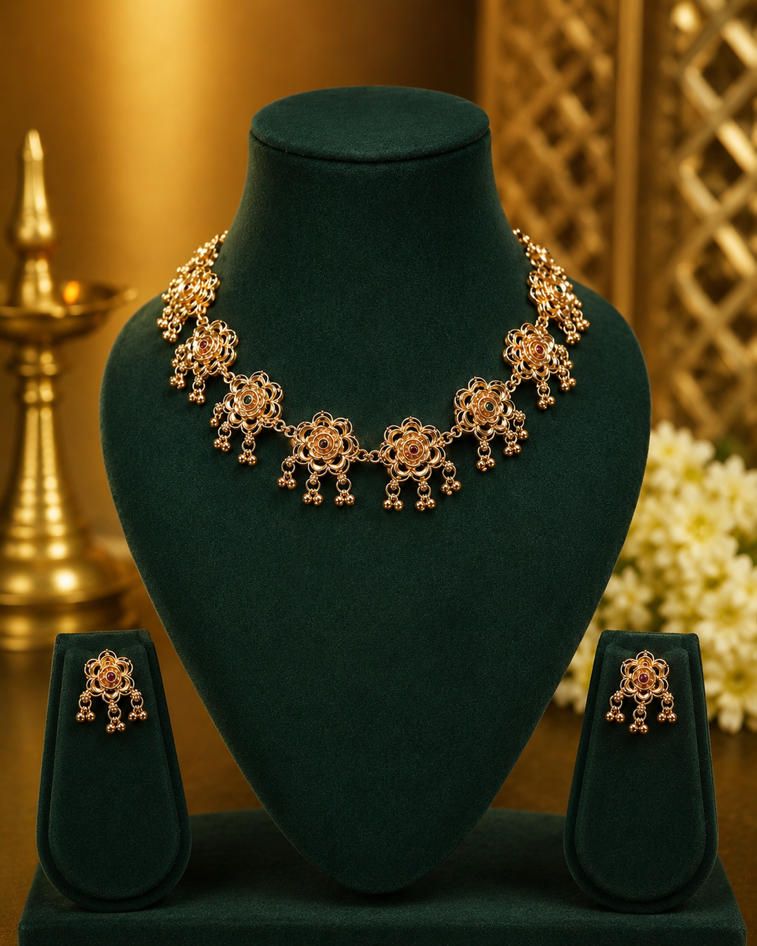 Antique Gold Filigree Flower Necklace Set with Matching Earrings | OL176