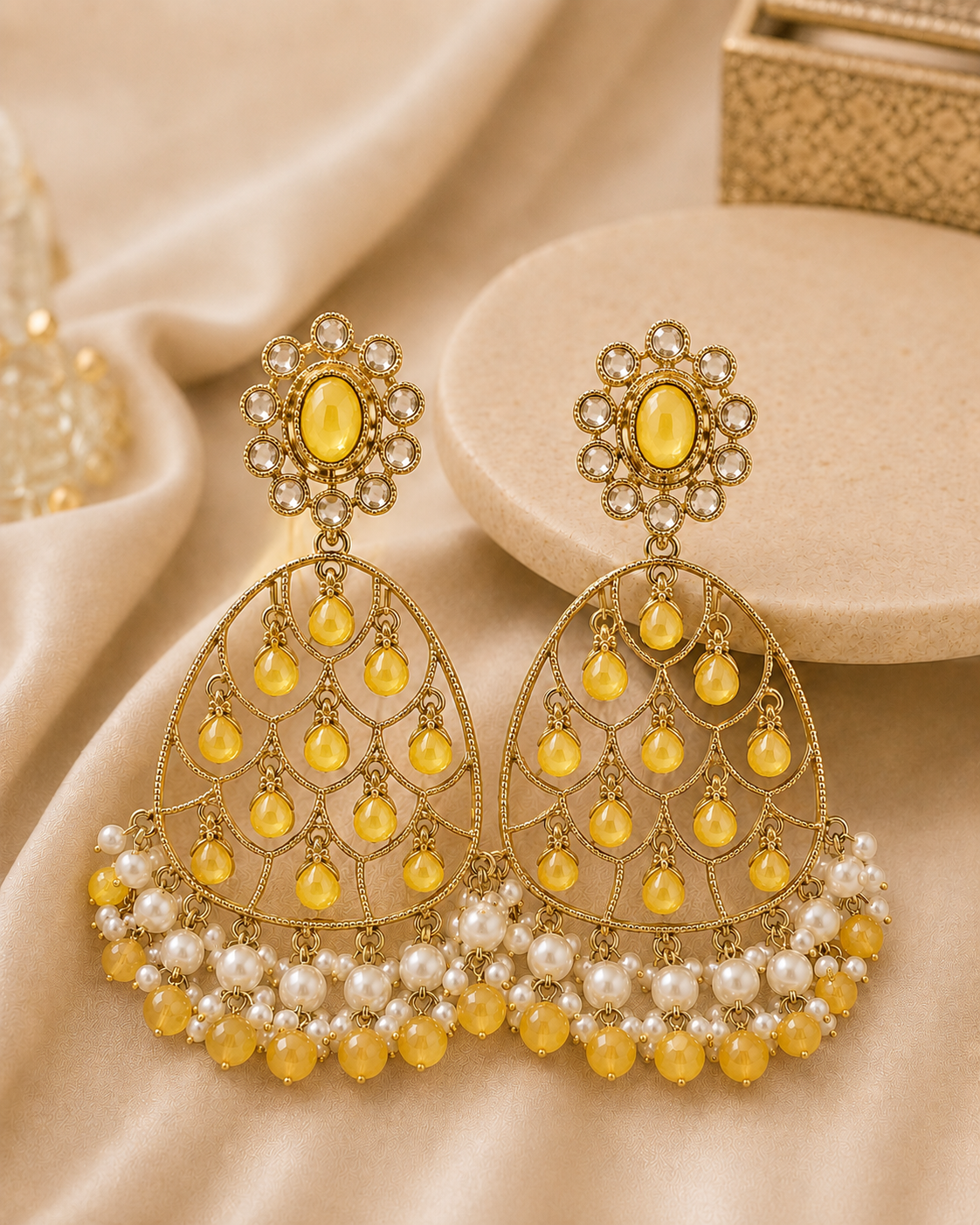 Gold Mint Blue Chalcedony Filigree Chandbali Earrings | OLT97