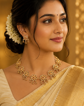 Antique Gold Filigree Flower Necklace Set with Matching Earrings | OL176
