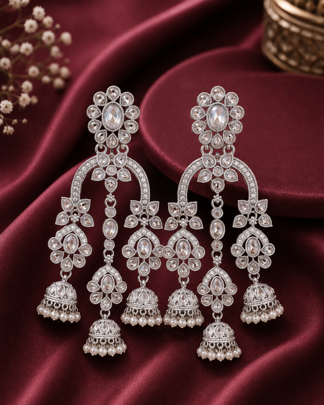 Silver Polki CZ Arch Triple Jhumka Chandelier Earrings | OLT92