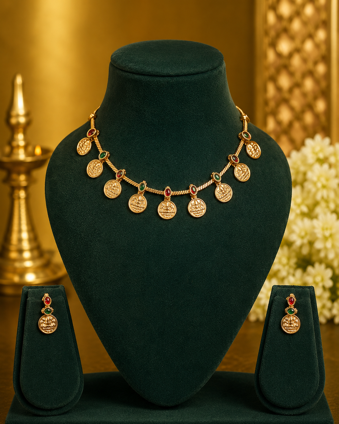 Antique Gold Lakshmi Coin Twisted Chain Necklace Set with Ruby & Emerald | OL169