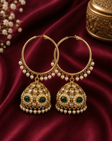 Gold Emerald Polki Seed Pearl Hoop Jhumka Earrings | OLT100