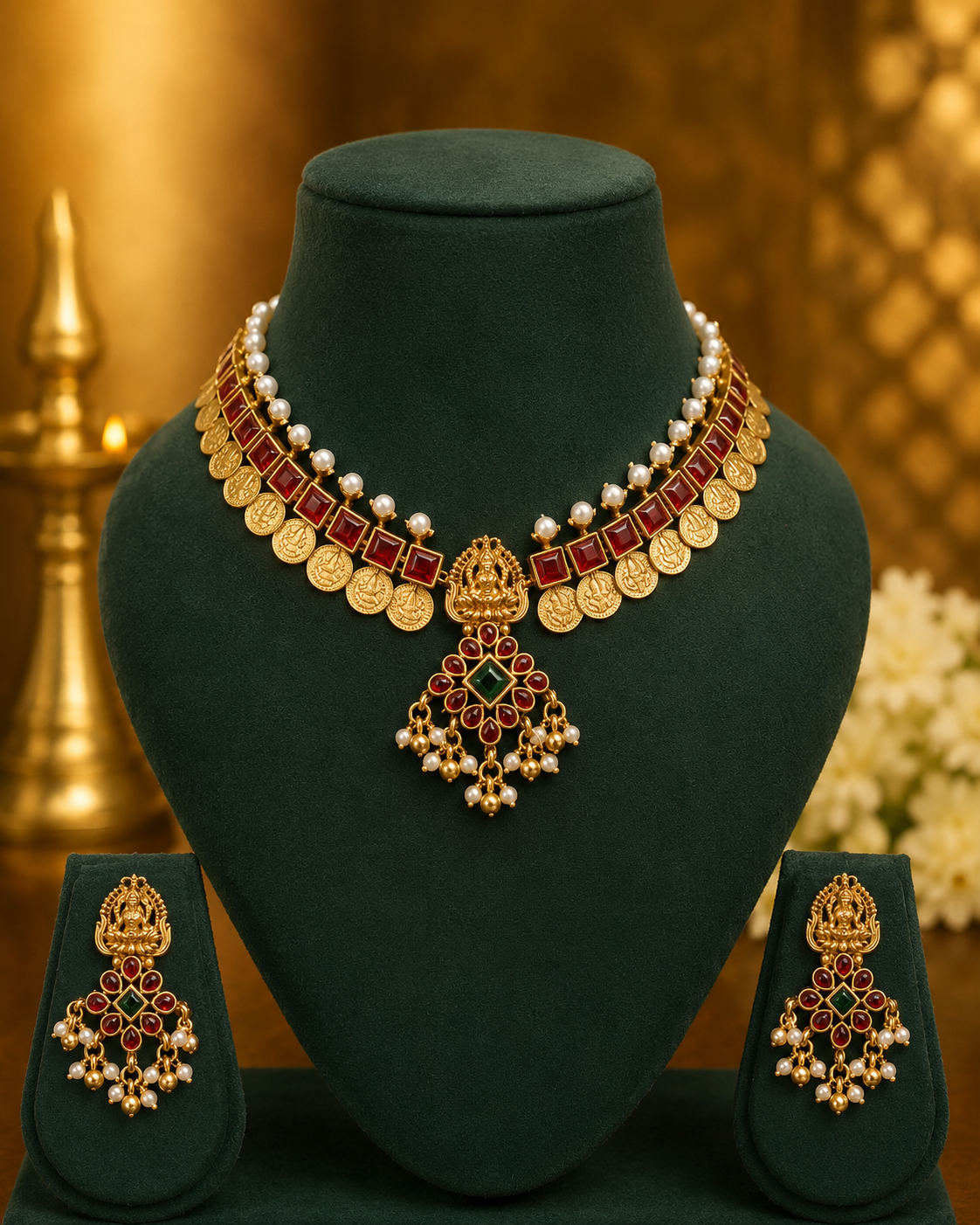 Antique Gold Lakshmi Coin Ruby Pearl Choker Necklace Set | OL165