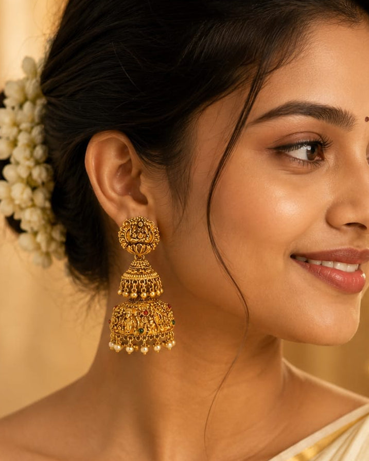 Antique Gold Lakshmi Double Jhumka Earrings with Ruby & Pearl | OL213