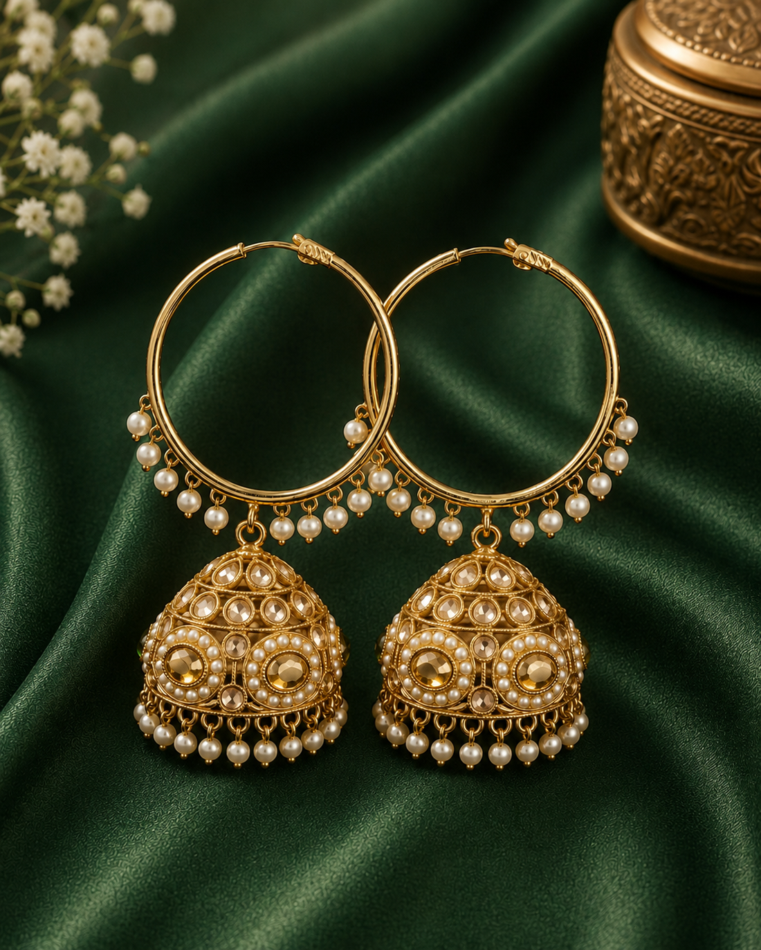 Gold Emerald Polki Seed Pearl Hoop Jhumka Earrings | OLT100