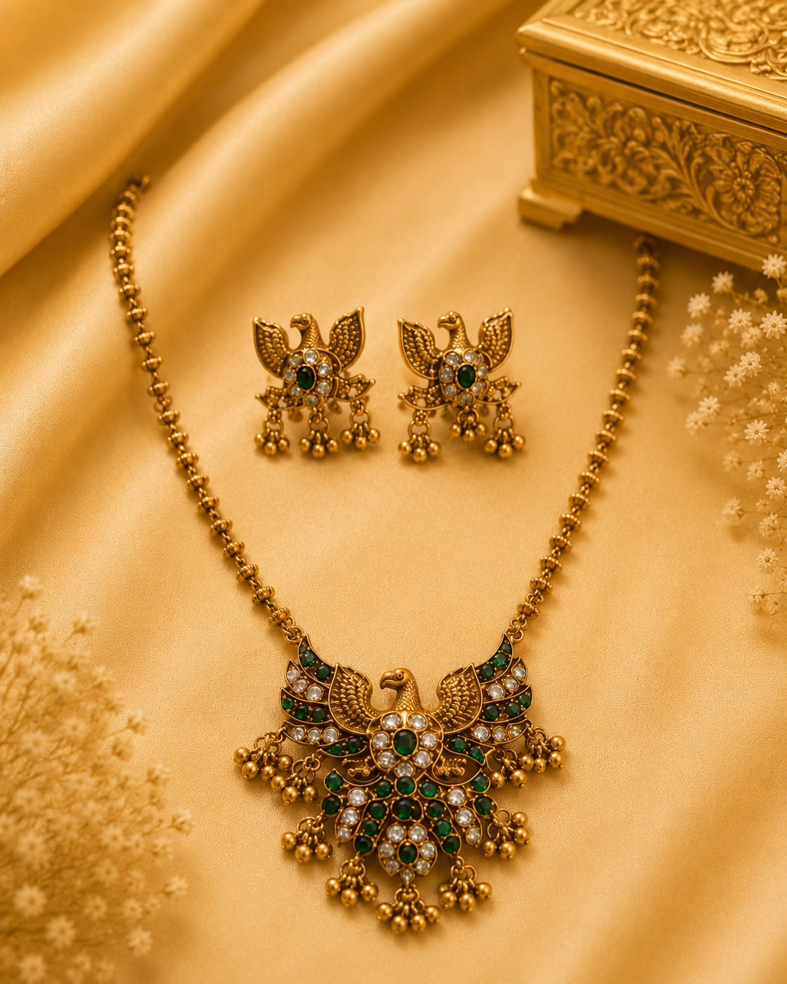 Antique Gold Garuda Eagle Temple Necklace Set with Emerald & CZ | OL200