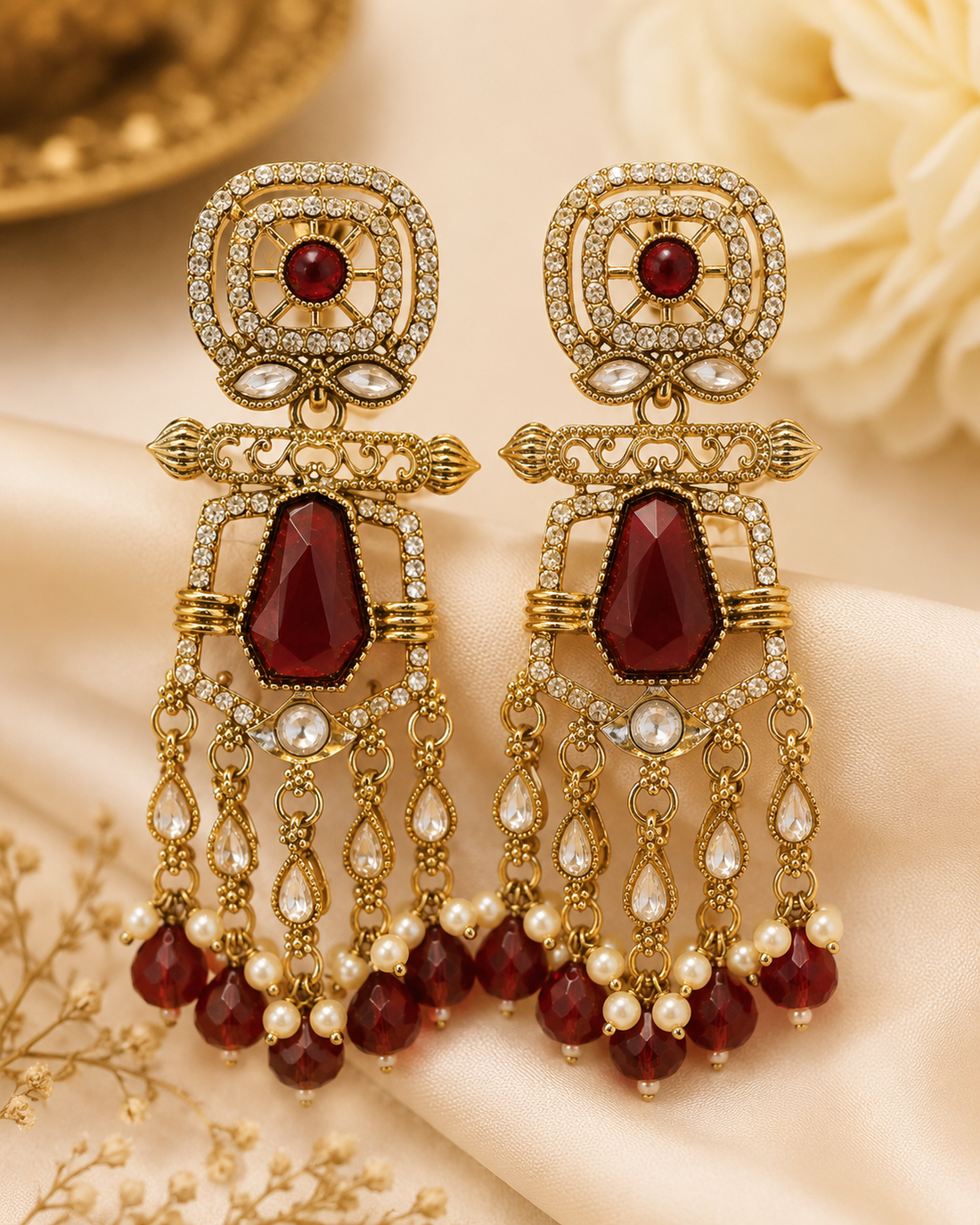Gold Deep Red  Pentagon CZ Tassel Earrings | OLT106