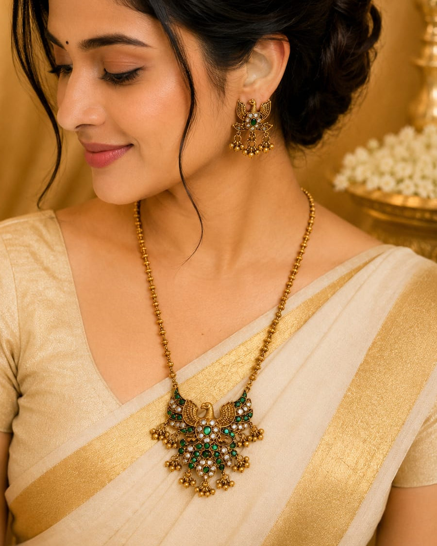 Antique Gold Garuda Eagle Temple Necklace Set with Emerald & CZ | OL200