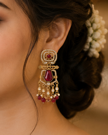 Gold Deep Red  Pentagon CZ Tassel Earrings | OLT106