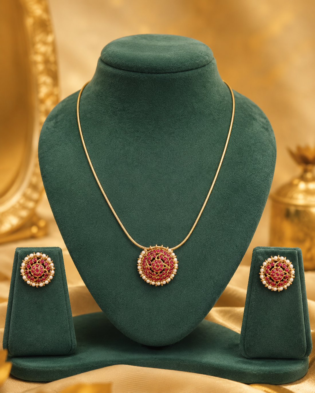 Antique Gold Ruby Floral Swirl Pendant Necklace Set with Pearls | OL201