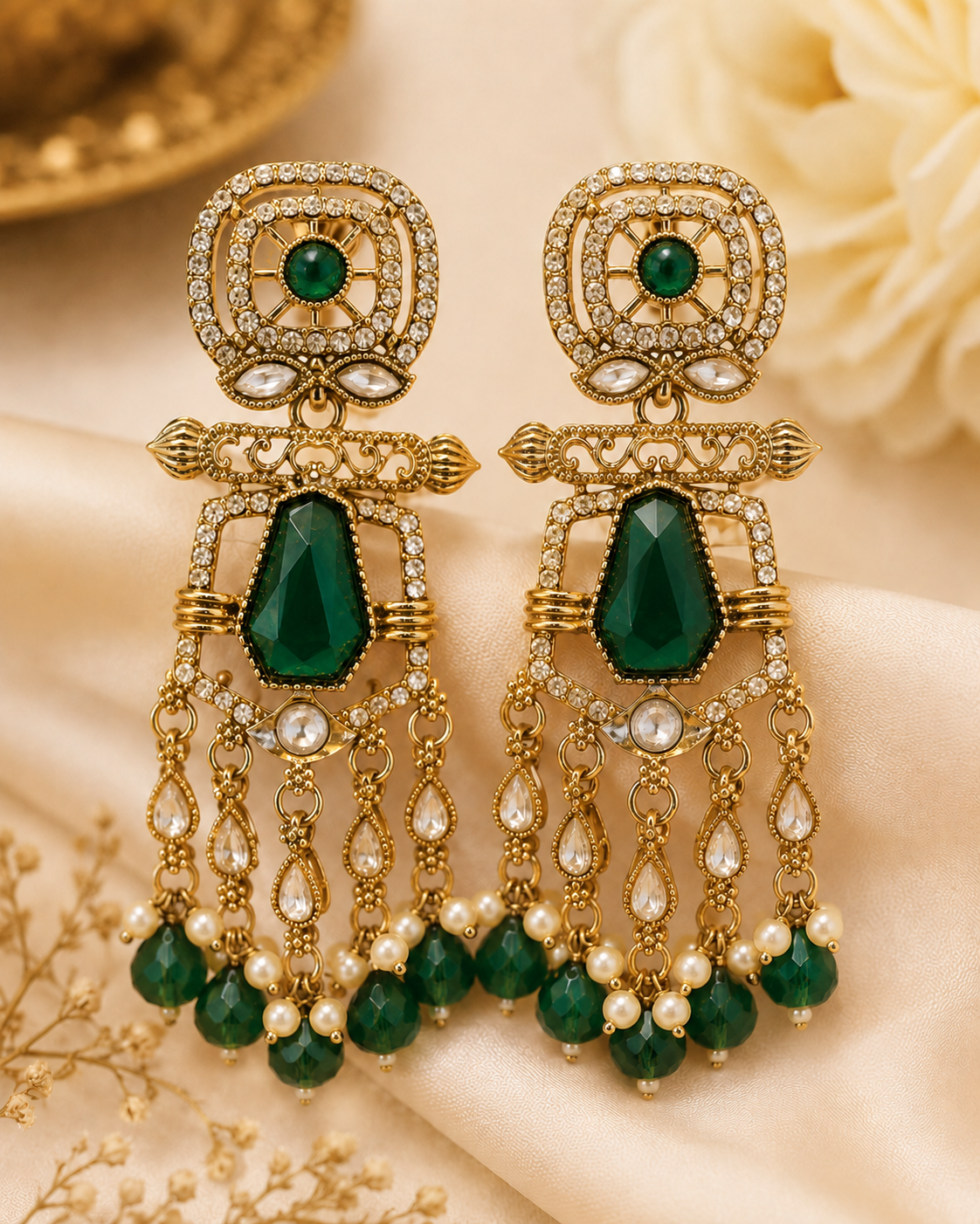 Gold Deep Red  Pentagon CZ Tassel Earrings | OLT106