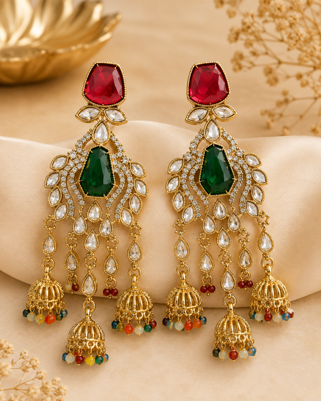 Gold Ruby Emerald Polki Peacock Fan Triple Jhumka Earrings | OLT108