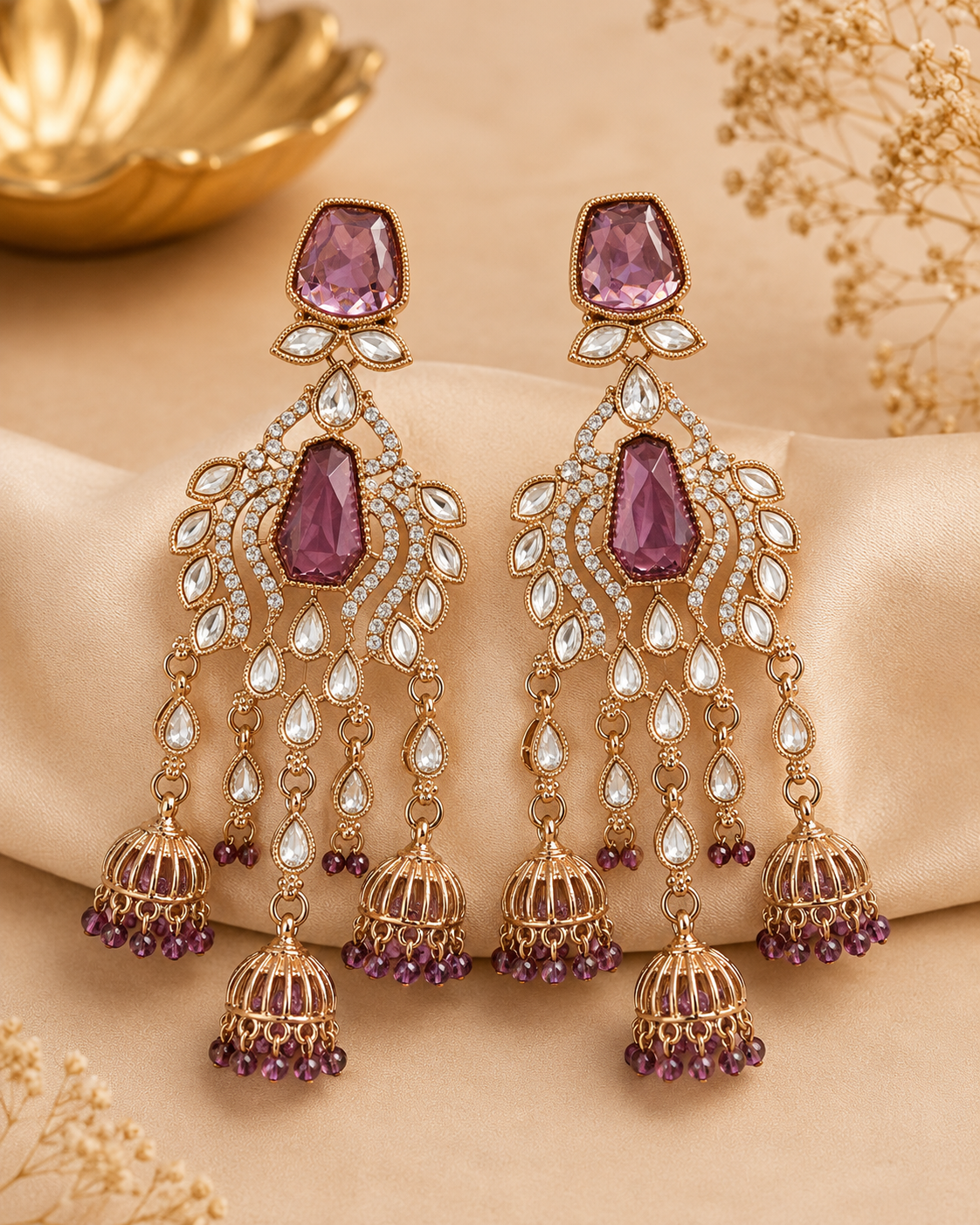 Gold Ruby Emerald Polki Peacock Fan Triple Jhumka Earrings | OLT108