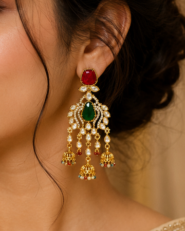 Gold Ruby Emerald Polki Peacock Fan Triple Jhumka Earrings | OLT108
