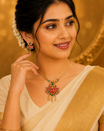 Antique Gold Meenakari Ruby Emerald Pendant Necklace Set | OL203