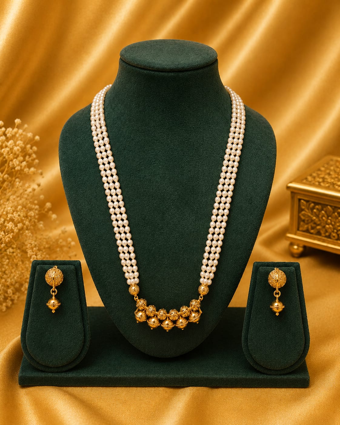 Triple Strand Pearl Necklace Set with Antique Gold Filigree Balls | OL185