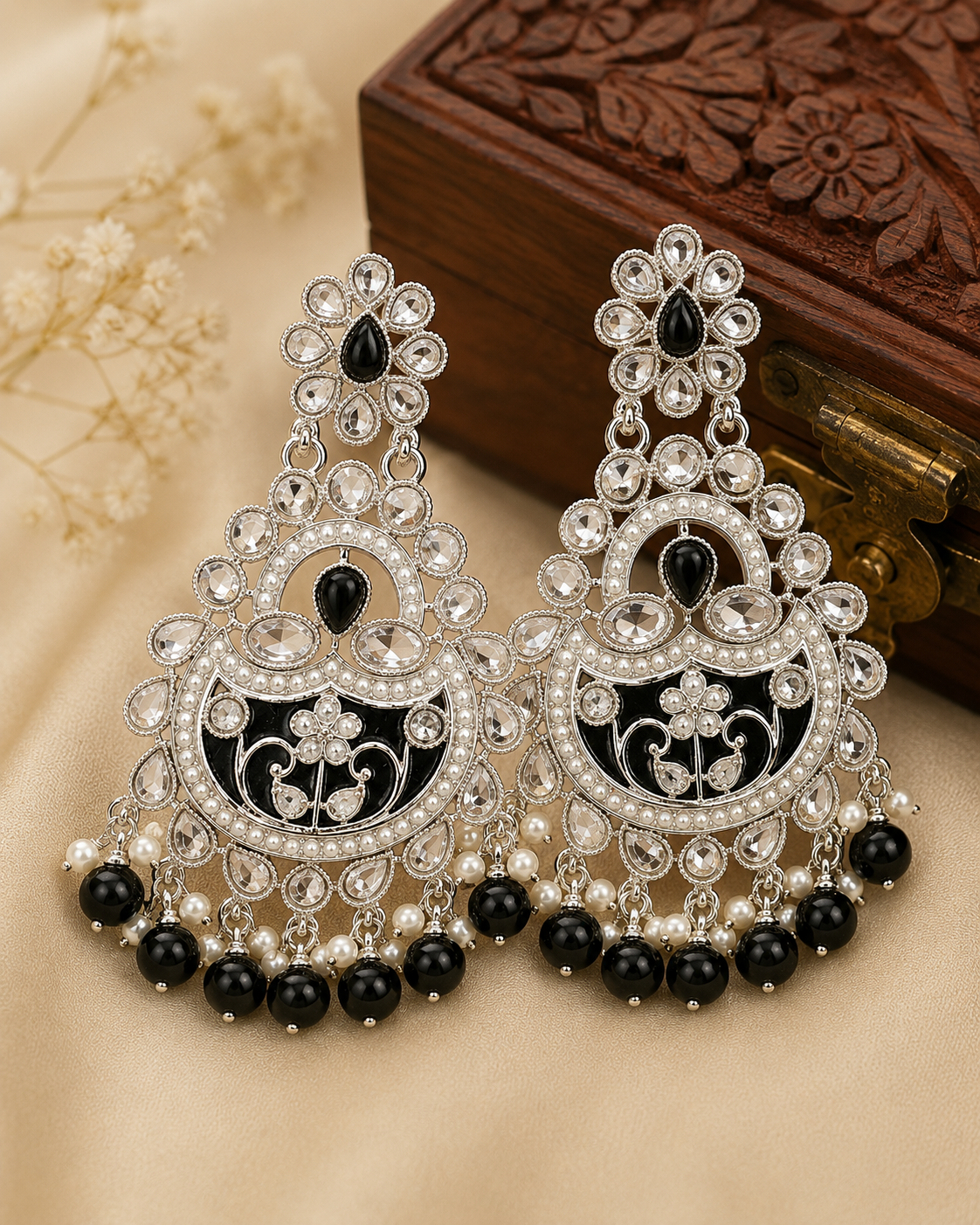 Silver Polki Black Onyx Chandbali Earrings | OLT90