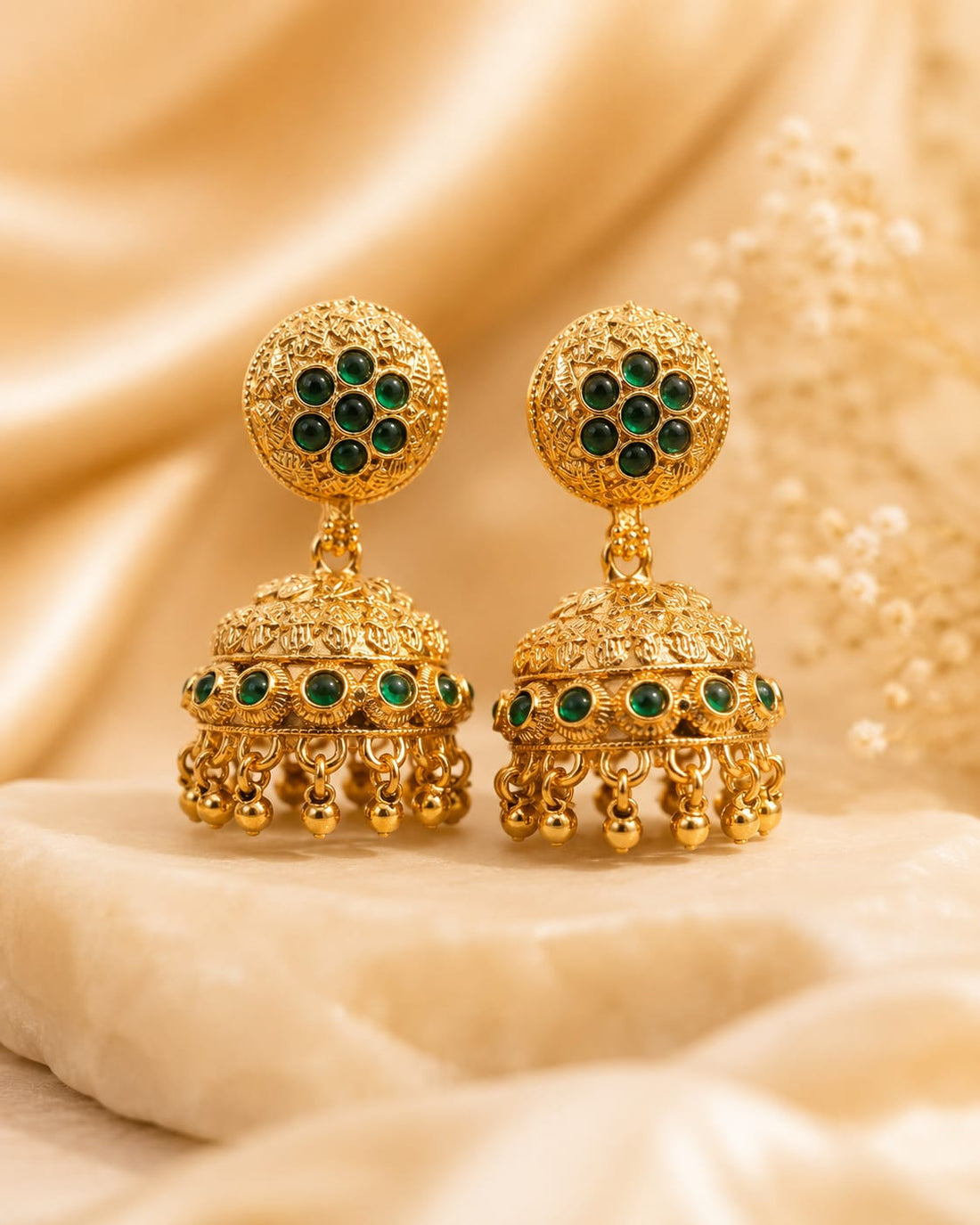 Antique Gold Emerald Flower Cluster Jhumka Earrings | OL208
