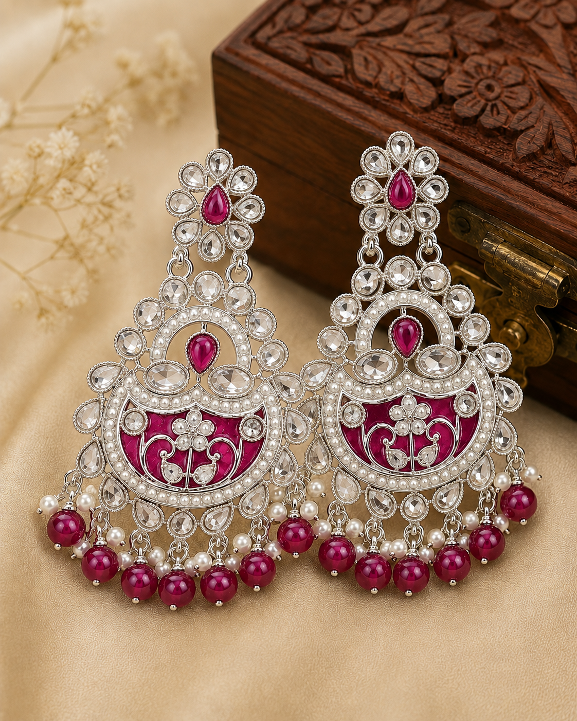 Silver Polki Black Onyx Chandbali Earrings | OLT90
