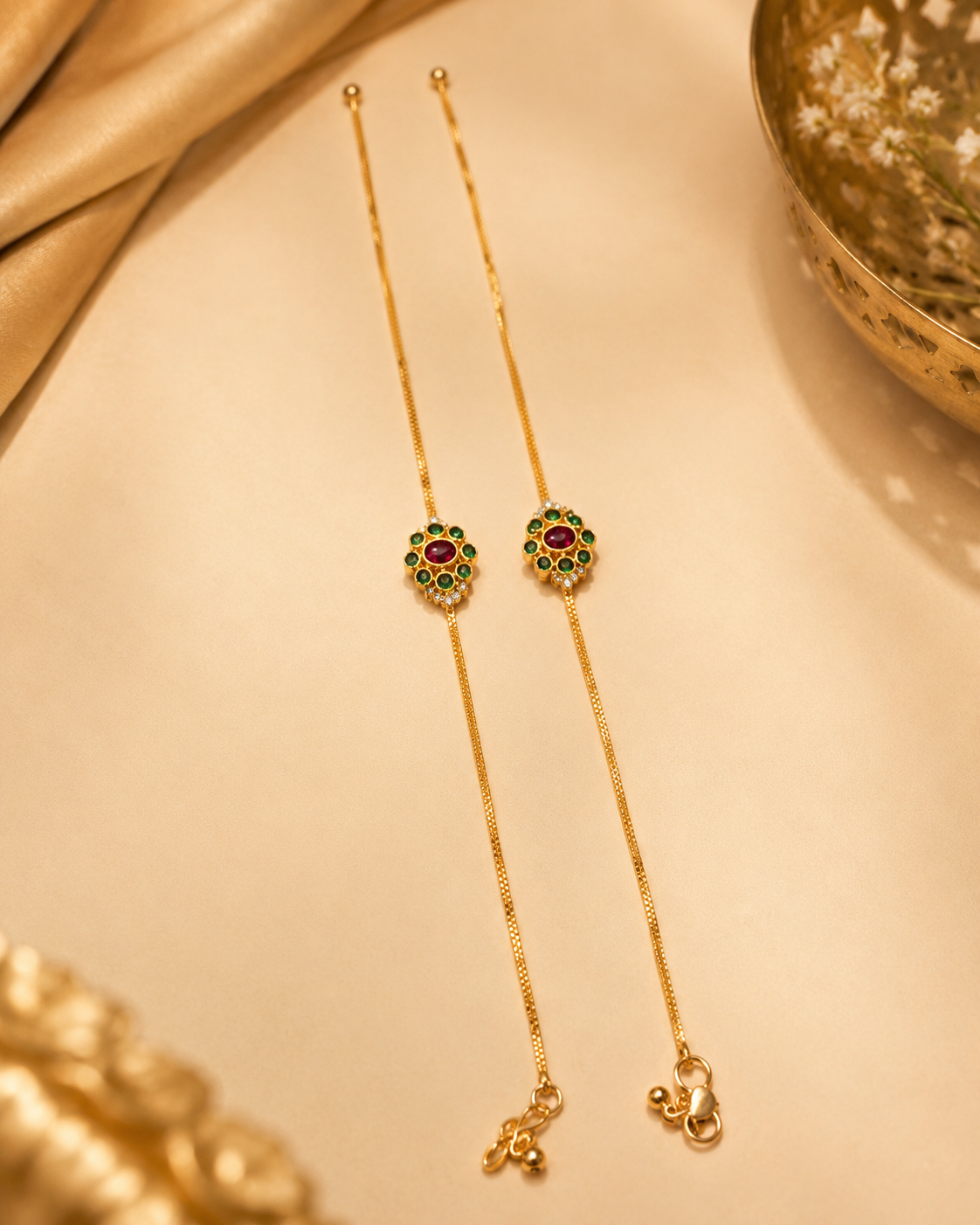 Antique Gold Ruby Emerald Floral Anklets | OL180