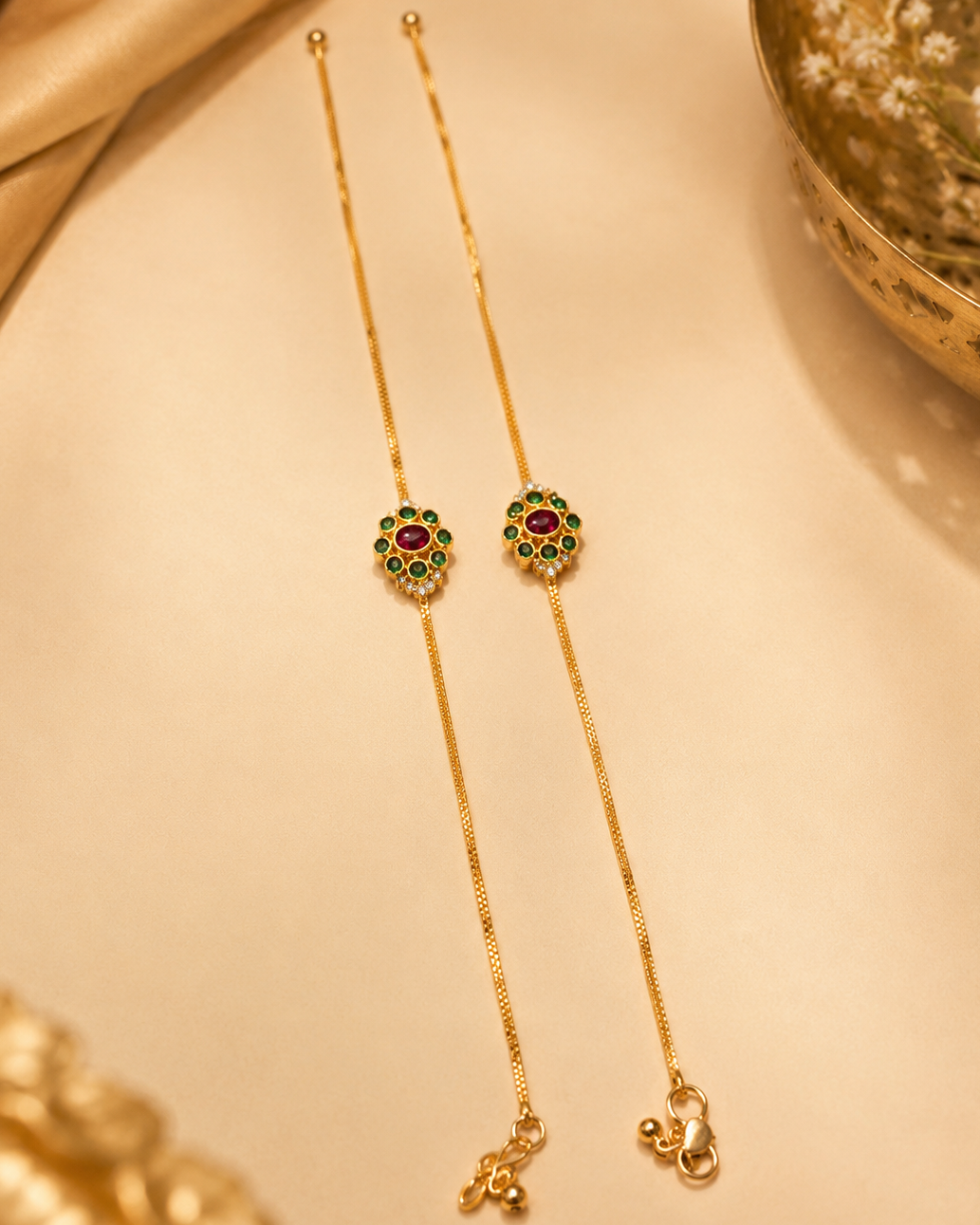 Antique Gold Ruby Emerald Floral Anklets | OL180