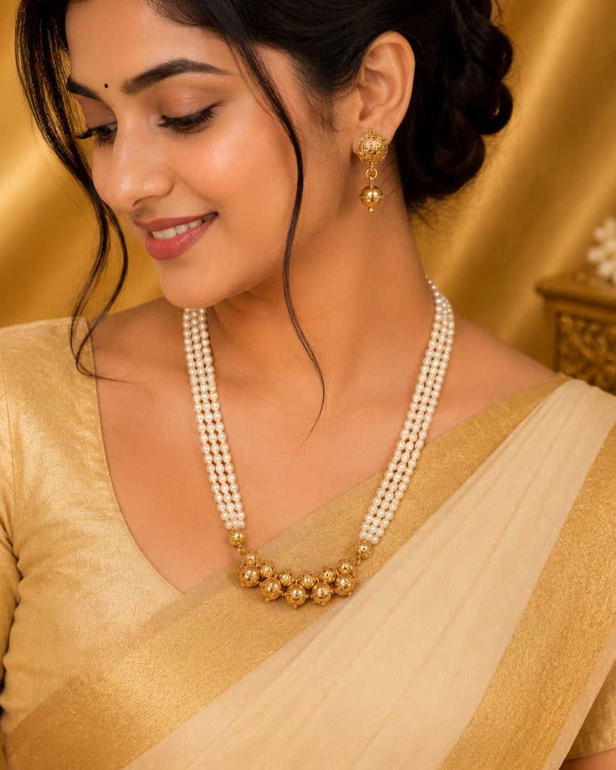 Triple Strand Pearl Necklace Set with Antique Gold Filigree Balls | OL185