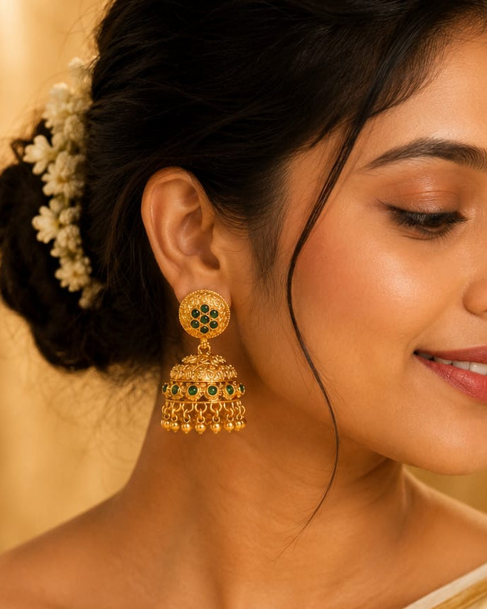 Antique Gold Emerald Flower Cluster Jhumka Earrings | OL208