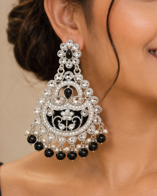 Silver Polki Black Onyx Chandbali Earrings | OLT90