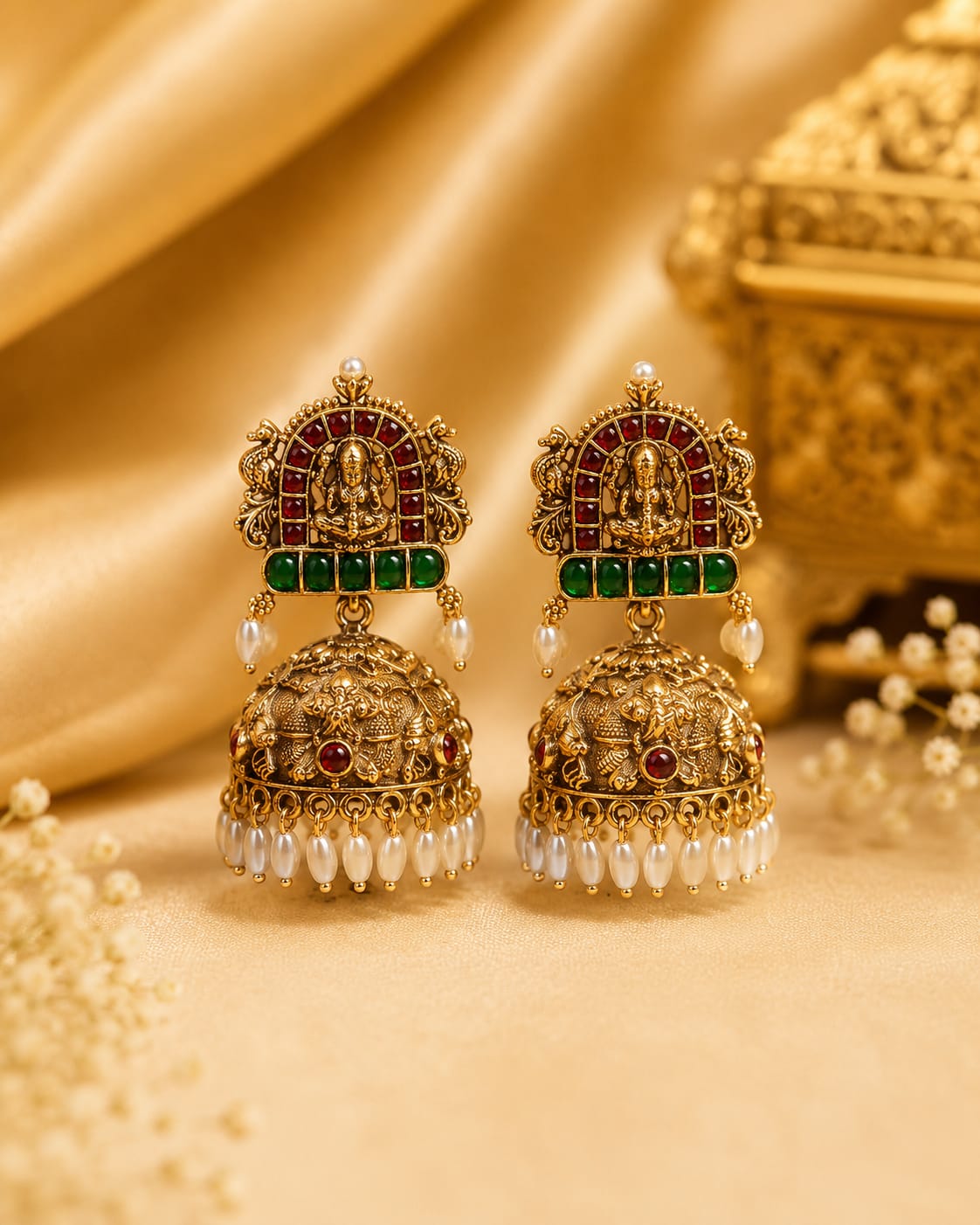 Antique Gold Lakshmi Temple Arch Jhumka Earrings with Ruby & Pearl | OL216