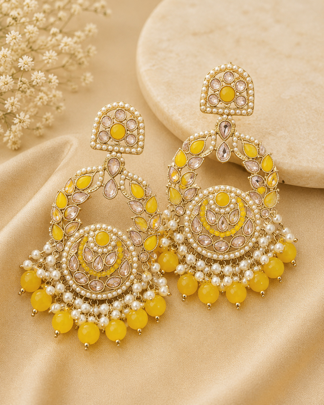 Gold Yellow Meenakari Polki Chandbali Earrings | OLT99