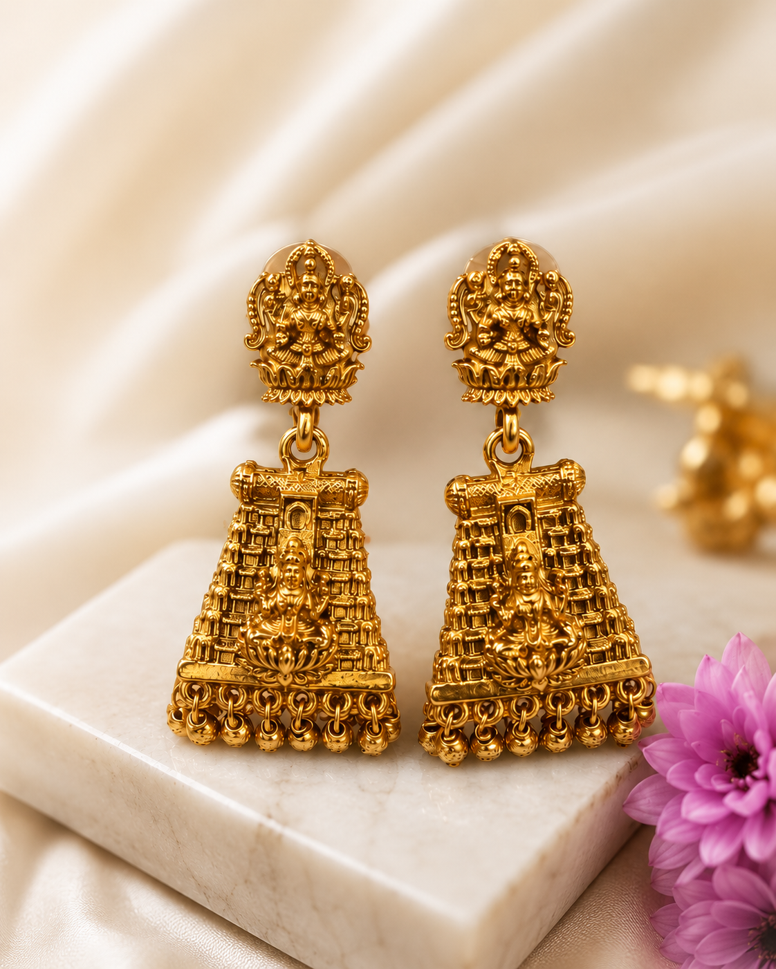 Antique Gold Lakshmi Gopuram Temple Tower Earrings | OL212
