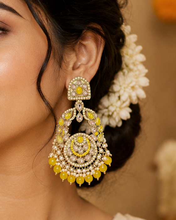 Gold Yellow Meenakari Polki Chandbali Earrings | OLT99
