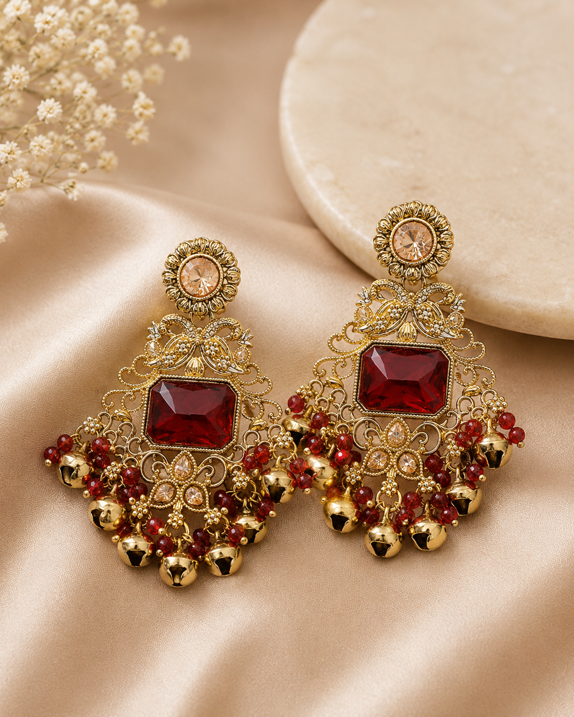 Gold Red Square Filigree Ghungroo Tassel Earrings | OLT102