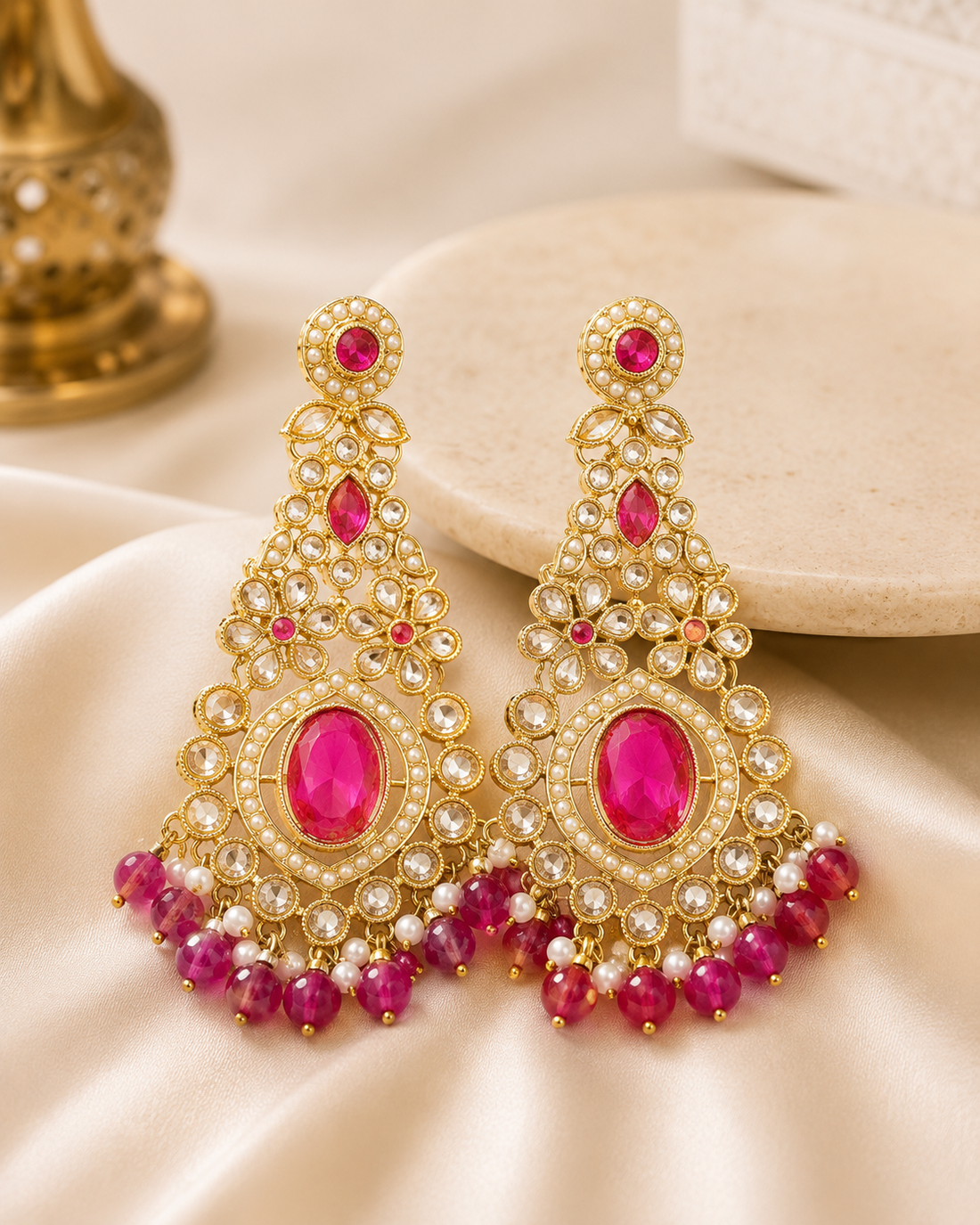 Gold Hot Pink Oval Polki Chandbali Earrings | OLT98
