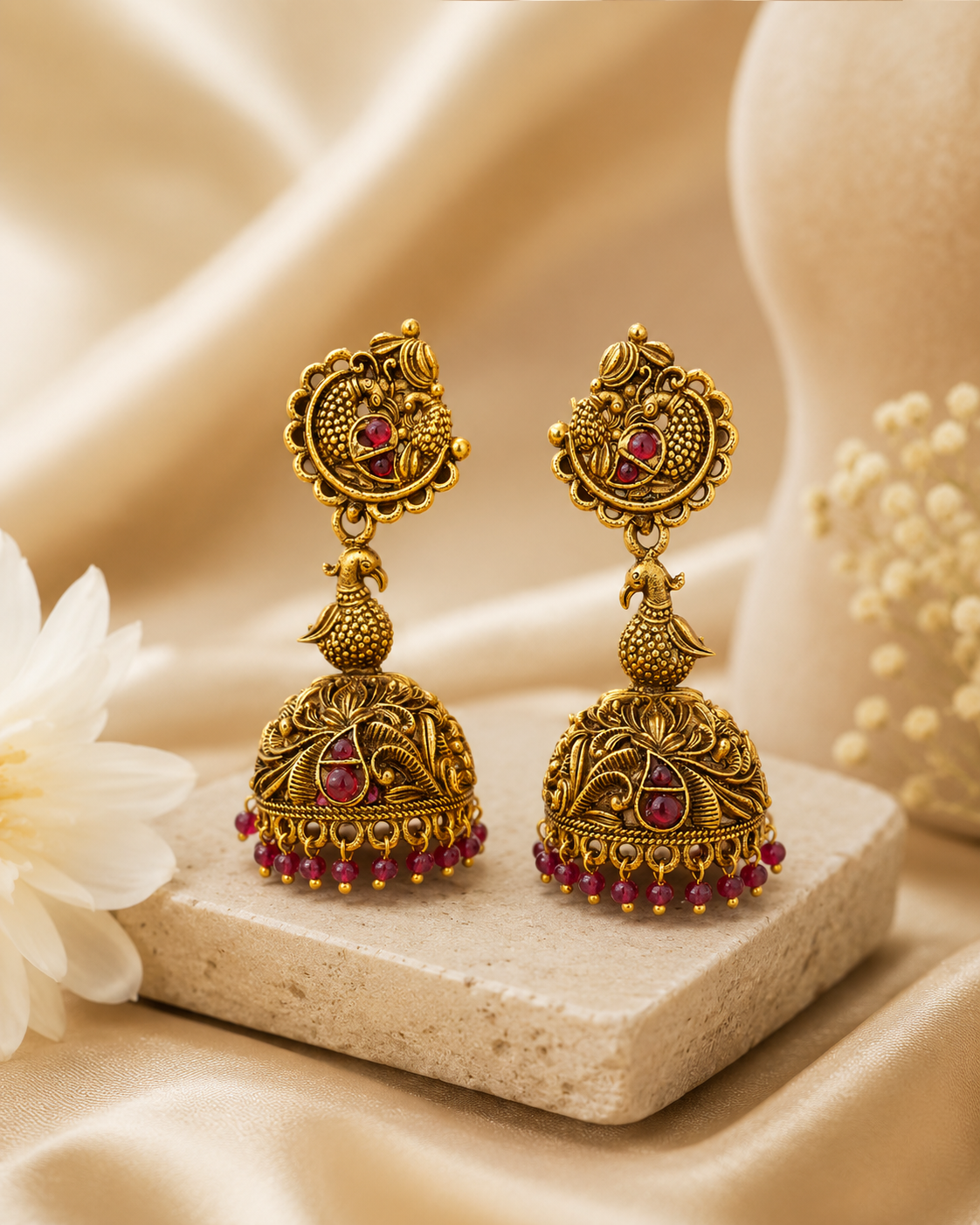 Antique Gold Peacock Jhumka Earrings with Emerald Stones | OL215