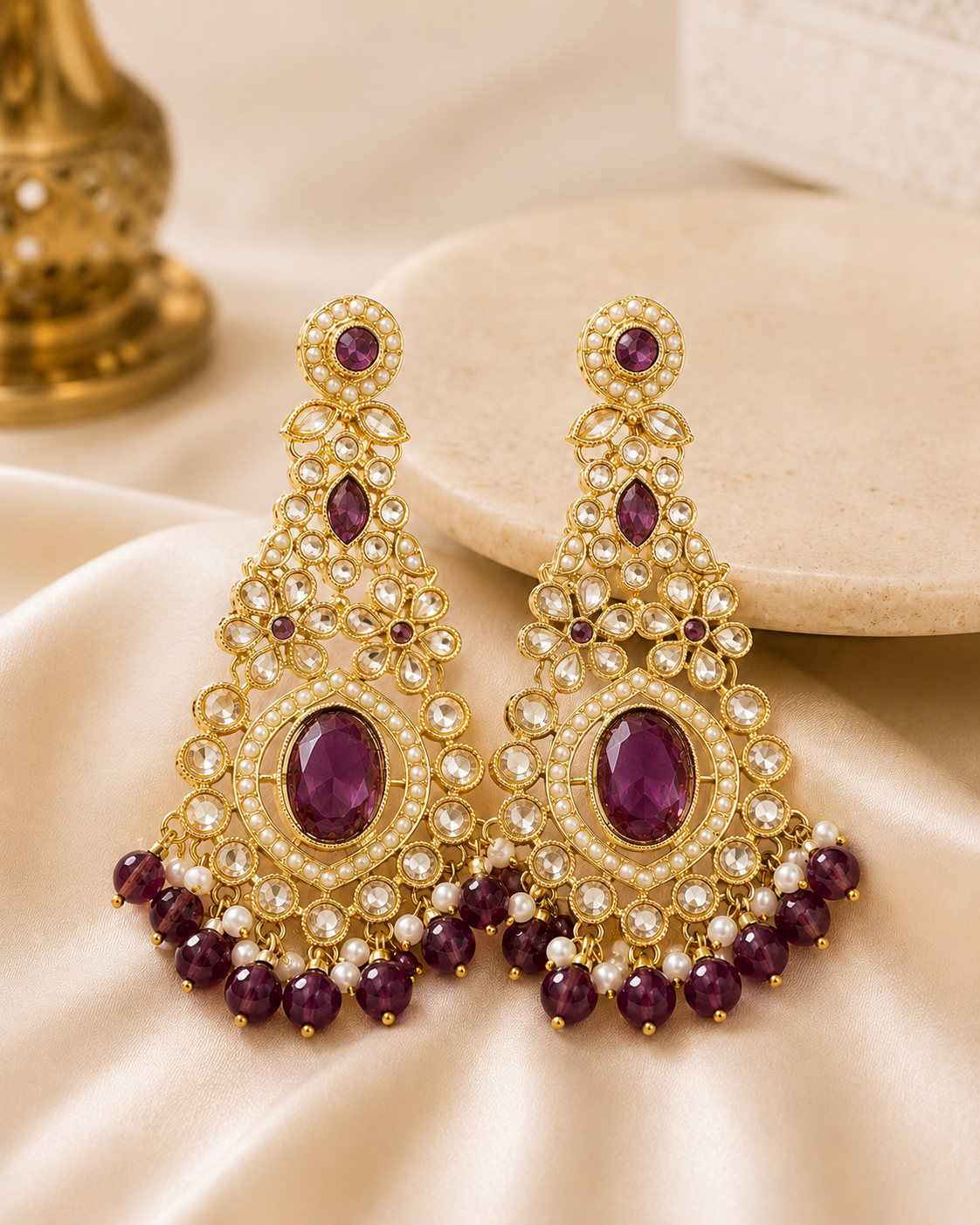 Gold Hot Pink Oval Polki Chandbali Earrings | OLT98