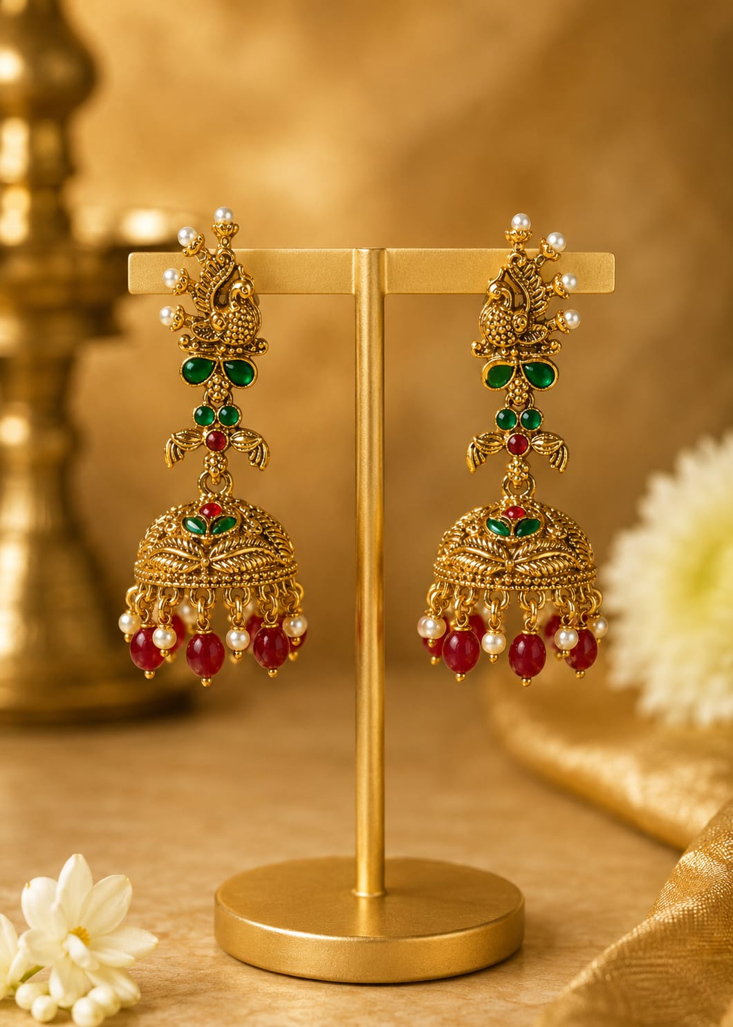 Antique Gold Peacock Temple Jhumka Earrings with Ruby & Emerald | OL209