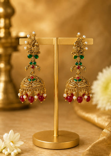 Antique Gold Peacock Temple Jhumka Earrings with Ruby & Emerald | OL209