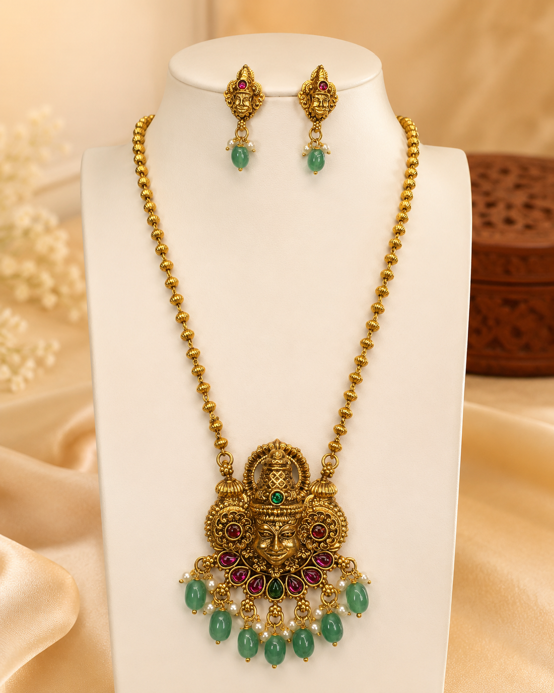 Antique Gold Durga Face Temple Long Necklace Set with Aqua Drops | OL195