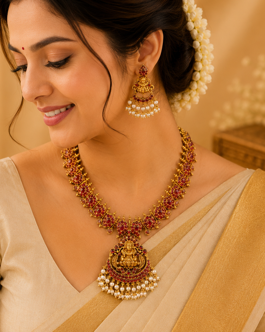 Antique Gold Ruby Cluster Lakshmi Temple Necklace Set with Pearls | OL83