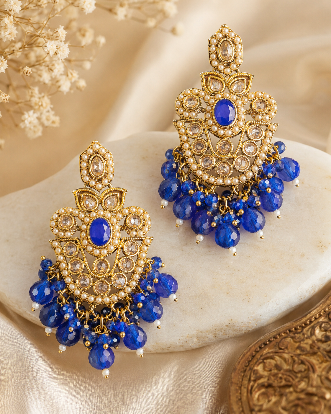 Gold Ruby Seed Pearl Polki Kundan Chandbali Earrings with Multicolour Bead Drops | OLS4