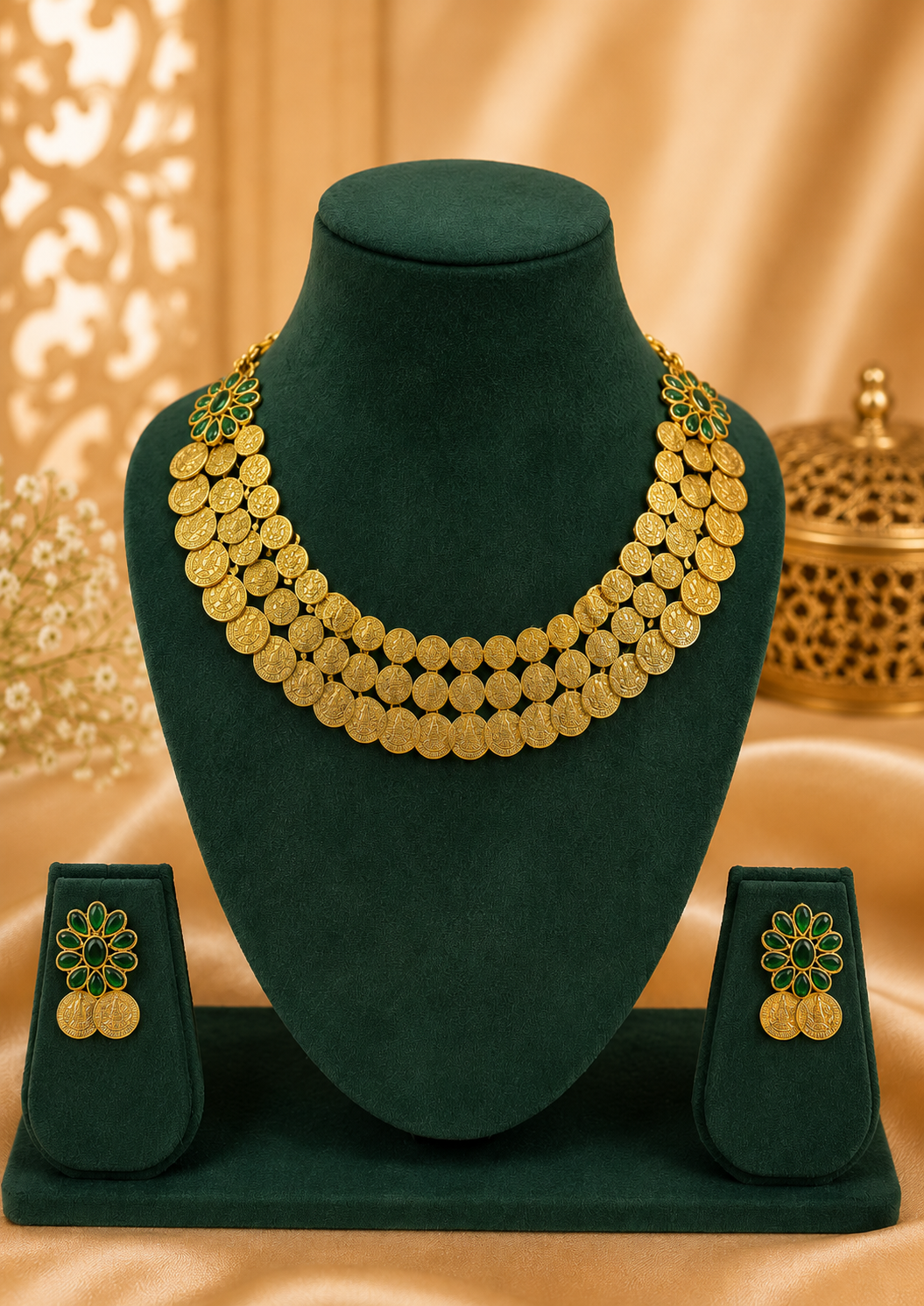 Antique Gold Kasu Lakshmi Coin Double Layer Choker Necklace Set |